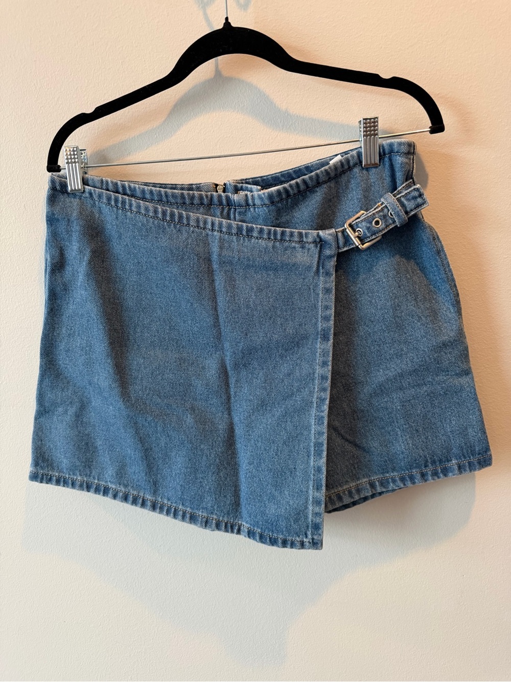 LOFT Denim Wrap Jean Shorts in Light Blue with Side Buckle